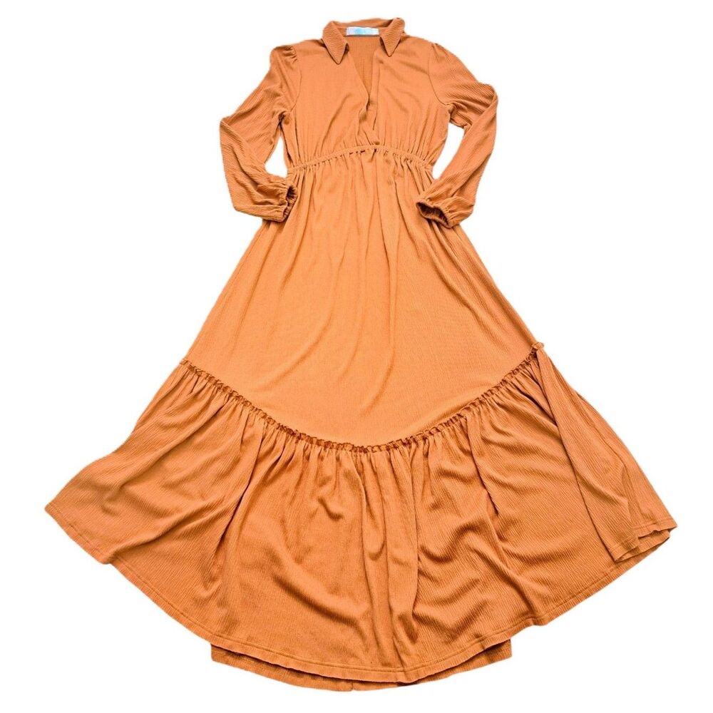 FP Beach Women Pismo Dress Maxi VNeck Long Sleeve Pleated Collared Orange Boho M